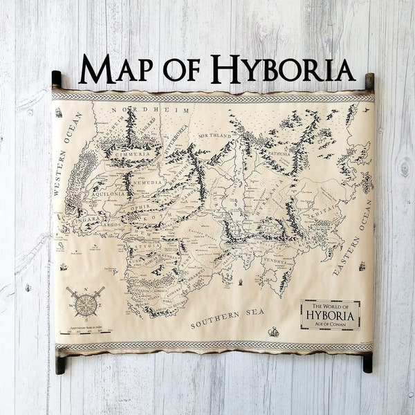 Conan Map The World of Hyboria Map on Handmade Scroll, Age of Conan, Hyborian Age Map, Thurian Continent, Conan the Barbarian Map Hyperborea