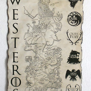 Map of Westeros Game of Thrones Map GoT Map Poster Game of Thrones Houses Coat of Arms on Handmade Scroll image 3