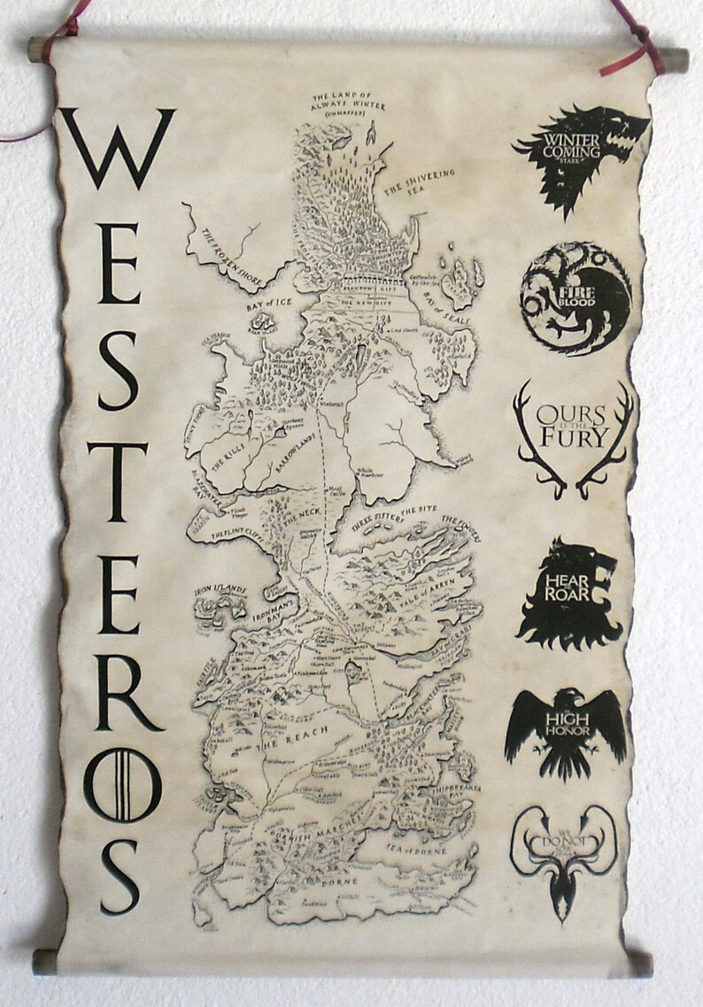 Map of Westeros Game of Thrones Map GoT Map Poster Game of Thrones Houses Coat of Arms on Handmade Scroll image 3