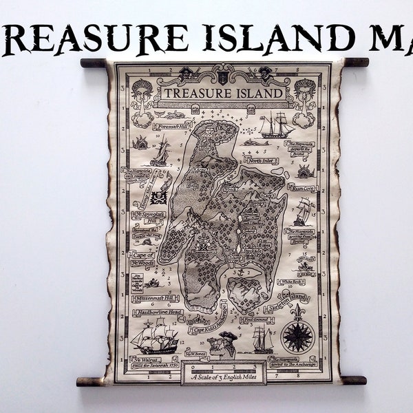 Karte von Treasure Island auf handgefertigter Rolle, Robert Louis Stevenson Map, Treasure Island Map, Pirate Map, Treasure Island Map, Schatzkarte Poster