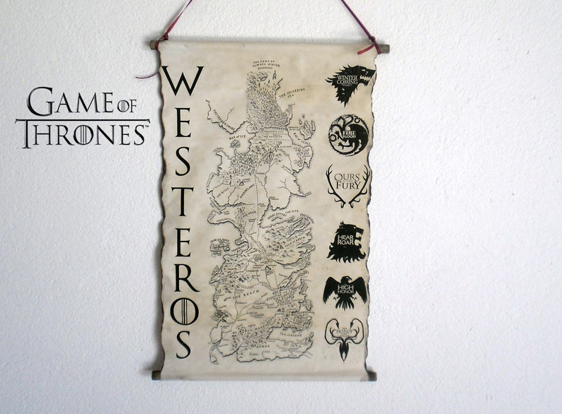 Map of Westeros Game of Thrones Map GoT Map Poster Game of Thrones Houses Coat of Arms on Handmade Scroll image 1