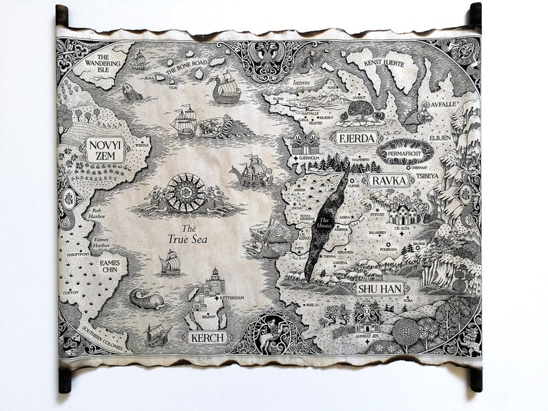 The Grishaverse Map, Grisha Trilogy Map Scroll, Shadow and Bone, Six of Crows, Kerch, Ketterdam, Novyi Zem, Fjerda, Shu Han, Ravka Map image 3