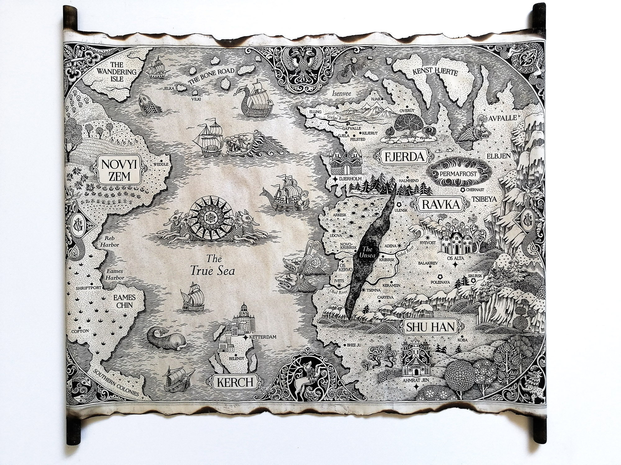 The Grishaverse Map Grisha Trilogy Map Scroll Shadow and Bone Six of Crows  Kerch Ketterdam Novyi Zem Fjerda Shu Han Ravka Map 