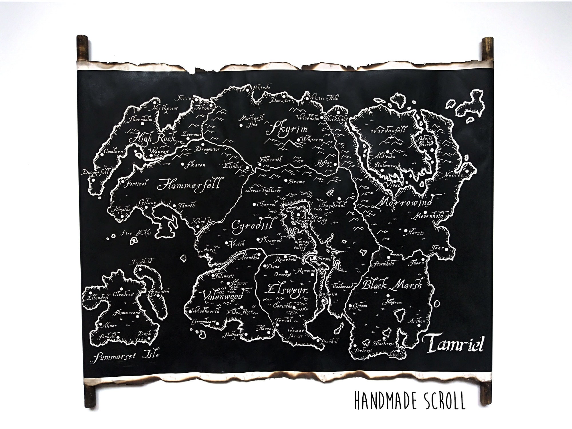Map Of Tamriel The Elder Scrolls Black Map On Handmade Scroll Etsy