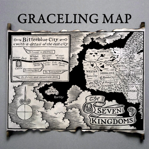 Graceling Map The Seven Kingdoms Map Bitterblue City Map, Fire Map, Bitterblue Map, Graceling Realm Map on Handmade Scroll, Winterkeep Map
