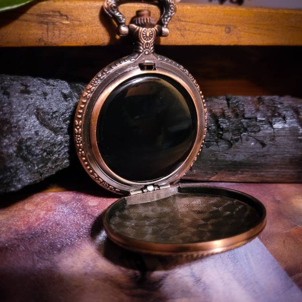 Scrying Mirror, with a pouch of Mugwort, Laser Etched Copper Finished Case For Divination, Meditation, and Spirit communication.