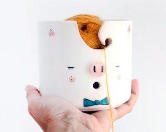 Handmade Ceramic Yarn Bowl: Pig Face Knitting Bowl, Crochet Holder