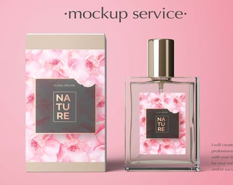 Custom perfume bottle and box mockup design service for product packaging.High-quality perfume bottle mockup creation.Product display