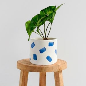 Keramische plantenbak medium blauw en wit voor succulente cactussen en kamerplanten, handgemaakt