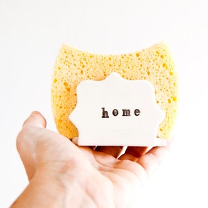 White Ceramic sponge holder for Kitchen. Home black and white ceramic sponge holder drainage.Pottery sponge holder handmade with &quot;home&quot; word