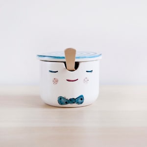 Ceramic pinocchio sugar bowl with lid and spoon, White and blue sugar bowl for sugar, Unique, cute and pretty sugar bowl dish for kitchen