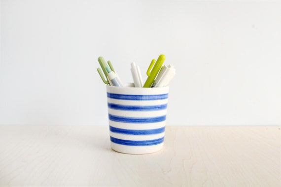 Ceramic Pencil Holder For Desk Striped Blue And White Cute Etsy
