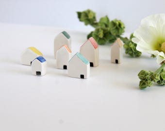 Handmade Ceramic Tiny House Set, Miniature Village Ornament