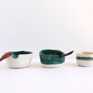 Handmade Japanese Style Spouted Ceramic Bowls, Wabi Sabi Small green Pottery bowls for Sauces or rice. Pouring bowls handmade. Unique pieces
