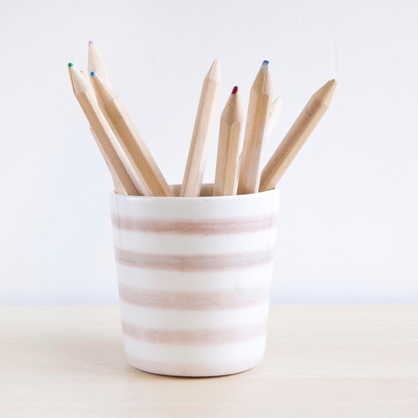 Striped ceramic pencil holder pink & white, Pencil cup Desk accessories, Ceramics pottery, Pencil cup, Desk organization, Pencil holder desk