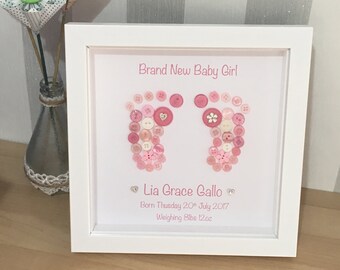 New Born Baby Button Feet Footprint Print Picture - Personalised Footprints Baby Girl / Boy Birthday Gift