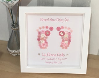 New Baby Gift, Button Feet Frame - Personalised Button Feet, New Baby, Newborn, New Baby Girl, 1st Birthday Gift, Footprint, Baby Feet