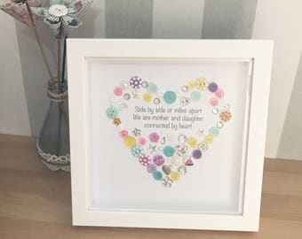 Mother & Daughter Personalised Button Heart, Framed Quote Art Wall Print, Picture Frame, Gift for Mum