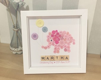 Baby Girl Button Elephant Picture - Personalised Birth, Christening, Birthday, Nursery, Bedroom, Wall Art Decor Print