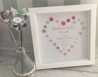Christening or Baptism Button Heart Picture - Print Gift Personalised Keepsake Frame