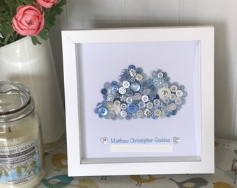 New Baby Cloud Button Print - Personalised Birth, Christening, Birthday, Nursery Wall Art, Nursery Decoration Picture Framed