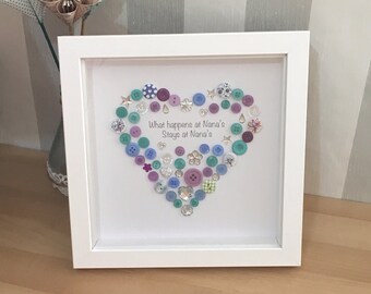 Gift for Nanna, Personalised Button Picture / Print, What happens at Nanna's, Nana, Grandma, Grandad's, Button Heart, Mother's Day Gift