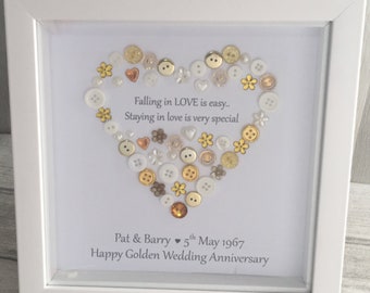 Golden Wedding Gift, Personalised Anniversary Gift, 50th Anniversary Gift, Button Picture, 50th Wedding Anniversary, Button Art, 50 Years