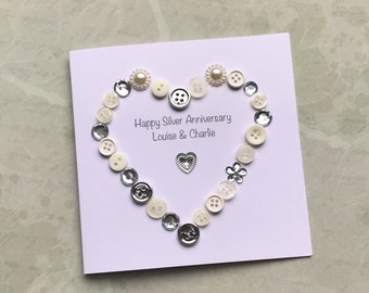 Wedding Anniversary Card, Personalised, Button Heart, Pearl Anniversary Card, Ruby, Silver Wedding Card, Greeting Card