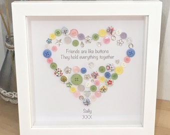 Friends are like Buttons, Christmas Gift, Button Heart, Framed Button Picture, Button Art, Keepsake, Personalised Sentimental Gift