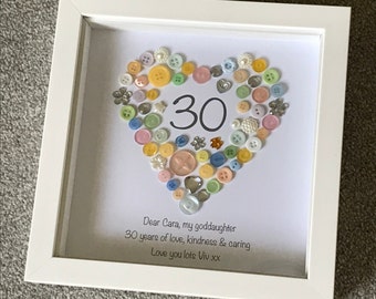 30th Birthday Gift, Personalised Keepsake Button Frame, Thirtieth Birthday, Framed Gift