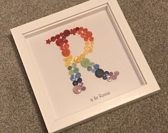 Rainbow Initial Name Print, Button Picture for Nursery, Nursery Wall Art, 1st Birthday Gift, Newborn, Toddler, Child, Name Print