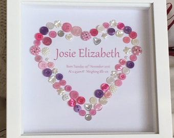 New Baby Gift Personalised Button Frame - Baby Girl or Boy / Child Birthday Gift / Birth / New Born / Gift for Parents / Keepsake