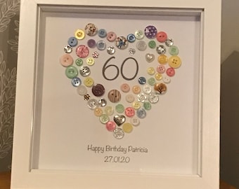 60th Birthday Gift, Personalised Keepsake Button Frame, Sixtieth Birthday, Framed Gift