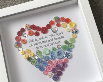 Mother & Daughter Rainbow Button Heart, Persinalised Framed Quote Art Print, Picture, Mum and Daughter Gift