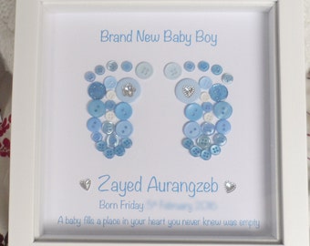 New Born Baby Boy Button Feet Picture - Personalised Footprints for a Baby Boy - Birth Gift