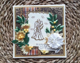 Couple Happy Anniversary Handmade Card celebrate green & brown