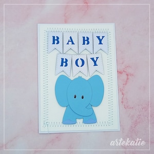 Baby boy baby girl cute elephant congratulations handmade card, baby shower 1st birthday greeting card with jungle animals, mum dad parent