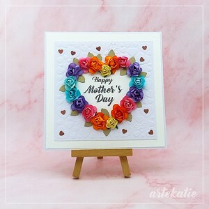 Flowery Mother's Day card handmade, Personalised handmade card for mum, Boxed Mother’s Day Card rainbow roses heart blank card with envelope