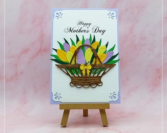 Happy Mother's Day Spring Flowers Basket Bouquet Daisies Tulips Hyacinth Handmade Card, Birthday Thank You, blank cards with envelopes