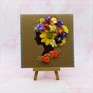 Lady with flower hairstyle handmade card for Birthday, Love Wedding Anniversary Thank You, blank cards with envelopes, you are amazing woman