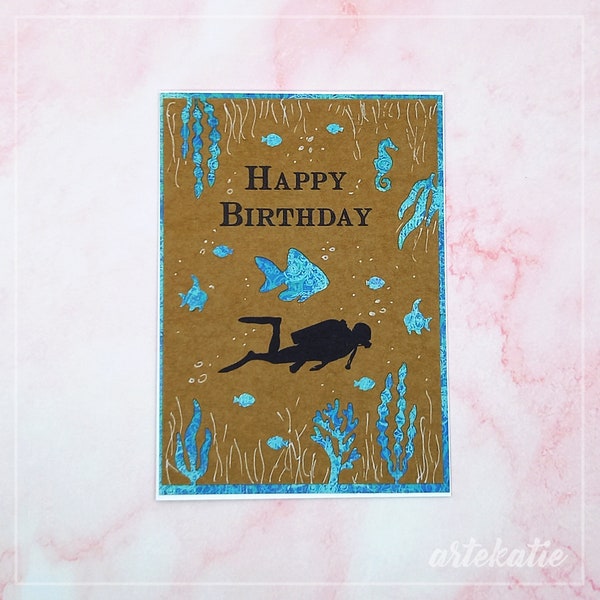 Happy Birthday handmade card for male, Diver greeting card for man, Underwater birthday fishes card, Scuba diving father, dad, husband