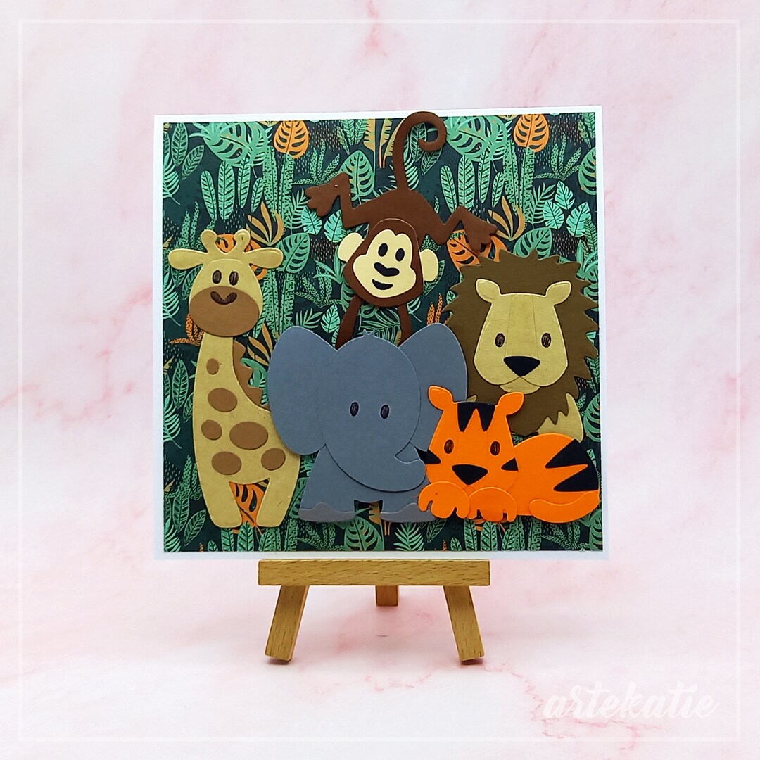 Cute Jungle Animals Handmade Card for Kids 1st Birthday or Themed Party