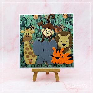 Jungle animals handmade card for kids 1st birthday, wild animal themed personalised card for little ones that can be framed