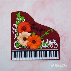 Red Piano Handmade Card with flowers, Birthday card for musician or pianist, 60th birthday card for woman, musical instrument, thank you