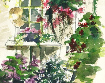 Window Box MOUNTED Giclee Print from Watercolour