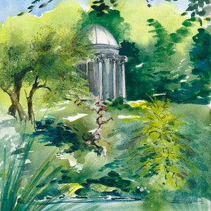 May include: A watercolor painting of a white gazebo with columns in a lush green forest setting. The gazebo is surrounded by trees and a pond with green reeds. The painting has a soft, dreamy feel.