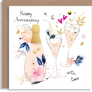 Carte d'anniversaire de Prosecco pour les couples - Carte de voeux aquarelle illustrée à la main faite à la main - Carte de fête avec inscription manuscrite