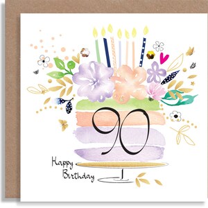 Cartão de bolo de aniversário 90º 70º 80º aniversário, cartão feito à mão em aquarela, marco feito com lantejoulas, cartão personalizado