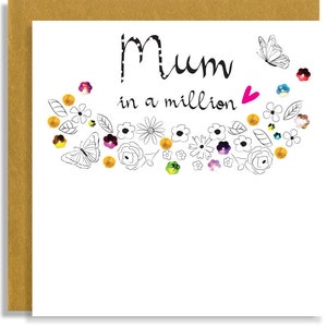 Carte faite main Couronne maman d'un million - Carte de voeux florale artisanale - Carte papillon et fleurs pour maman