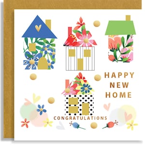 New Home Gouache Illustrierte Karte, handgefertigte personalisierte Grußkarte, handglitzernde Karte für neues Zuhause - bewegliche Hauskarte